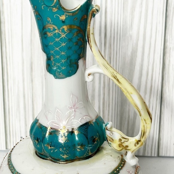 Antique Porcelain Ewer Handpainted Floral‎ Design Gold Gilding & Beading - Picture 4 of 11
